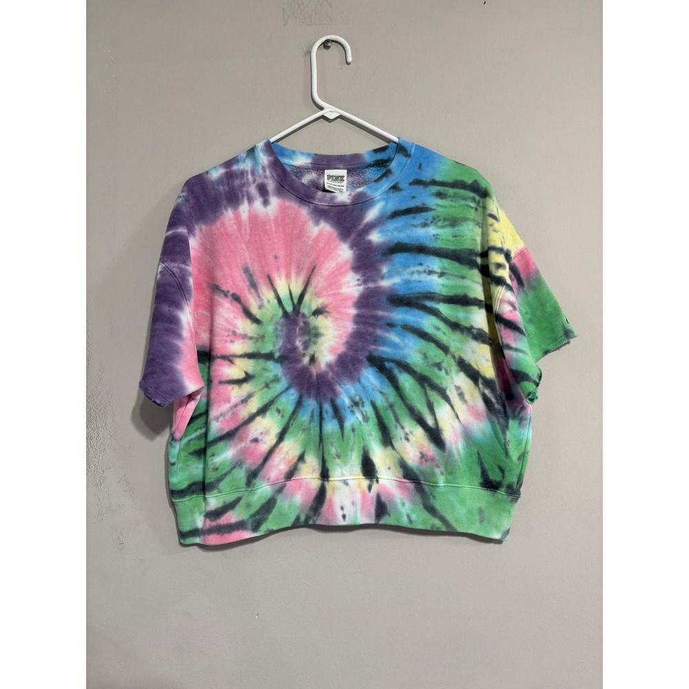 PINK Victoria's Secret Rainbow Tie Dye Short Sleeve Sweatshirt XS Cropped Top